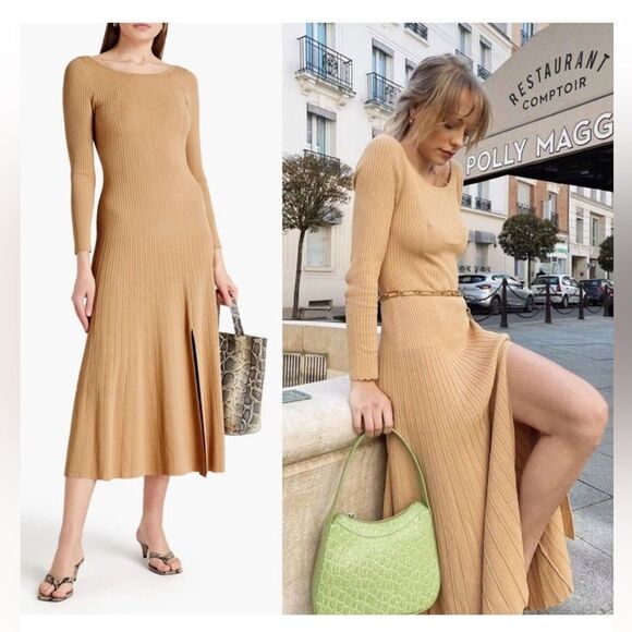Sandro Womens Imane Ribbed-Knit Midi Dress 4 US / 36 FR Sand - Picture 1 of 2